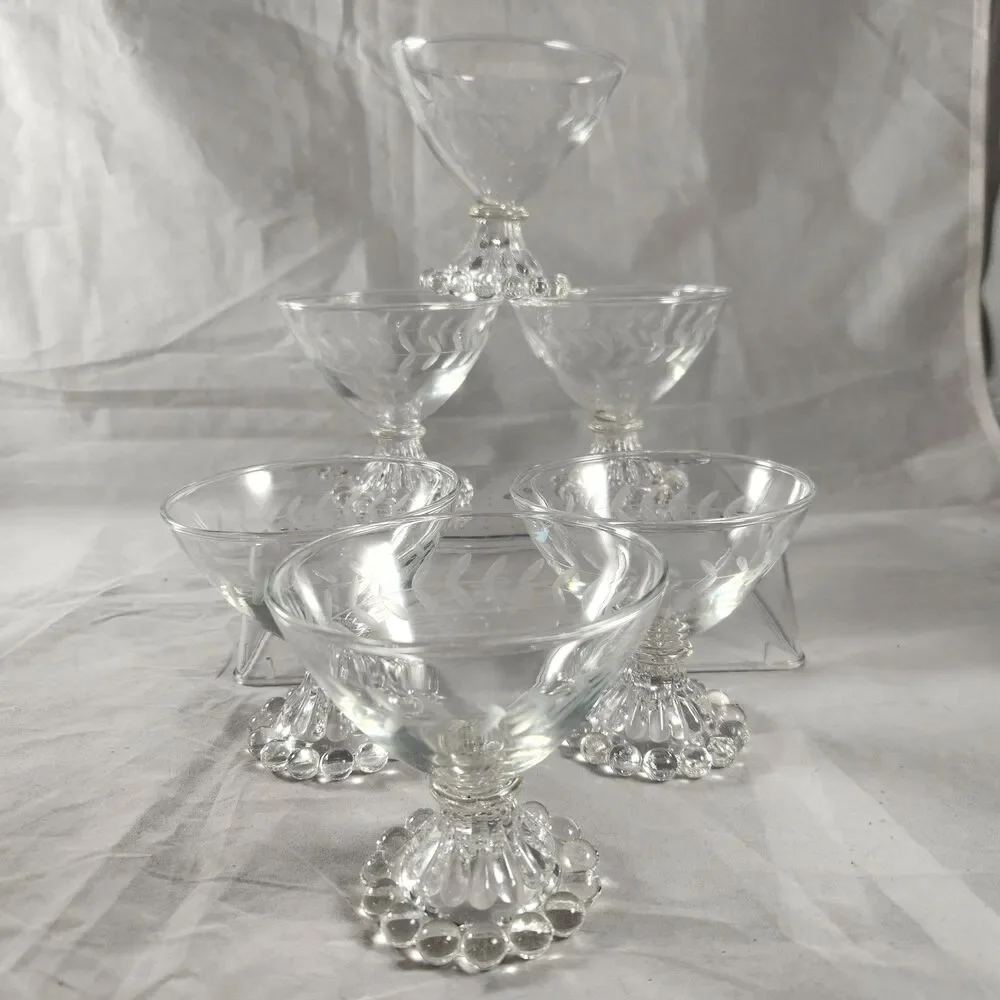 Set of 6 Anchor Hocking Etched Laurel Boopie Clear Champagne Sherbet Glasses